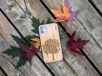 iPhone 11 wood case tree engraved bamboo backside with TPU bumper