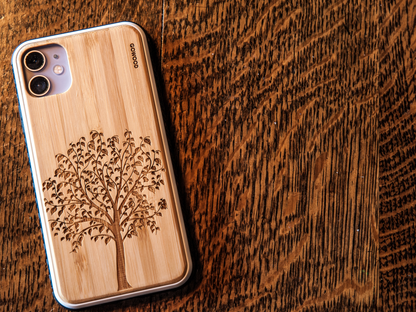 iPhone 11 wood case tree engraved bamboo backside with TPU bumper