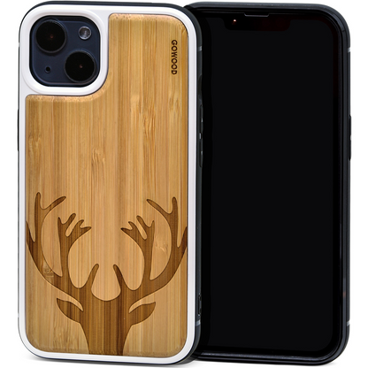 iPhone 13 Mini bamboo wood case deer engraved backside with TPU bumper