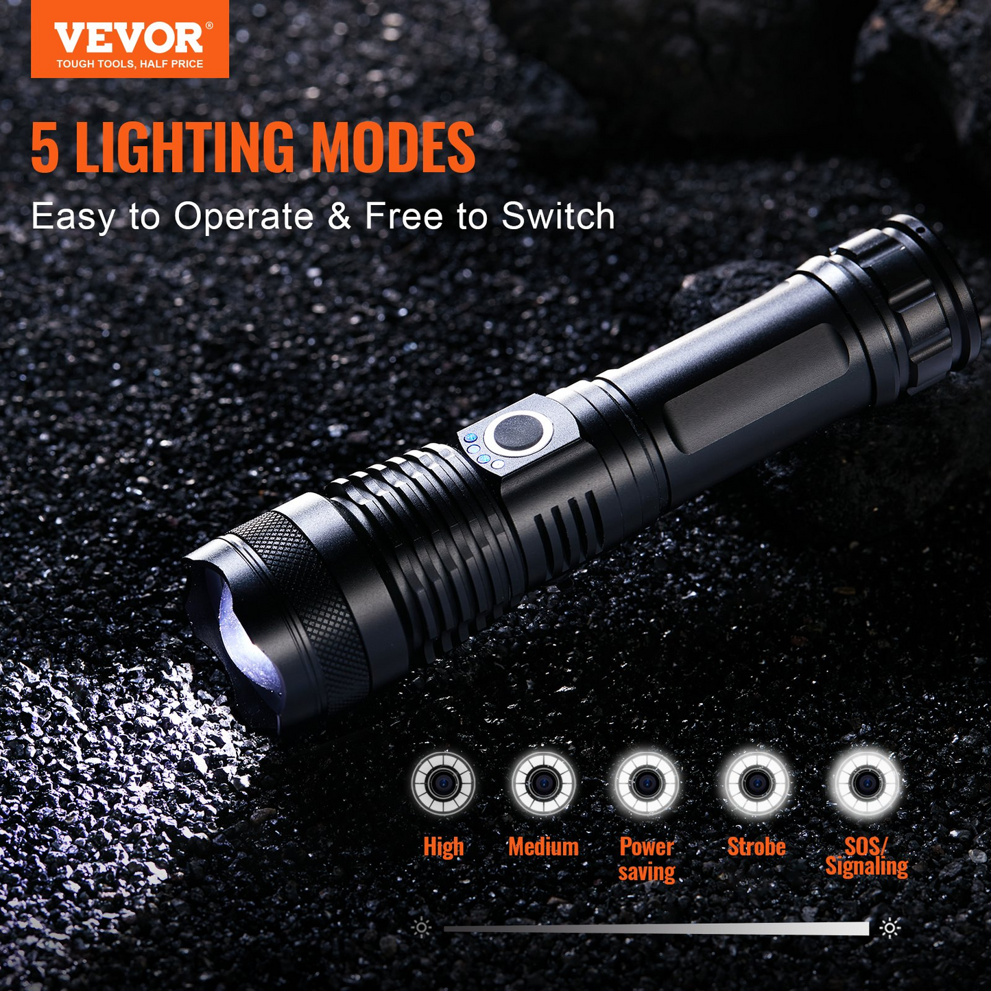 VEVOR 10000 Lumen High Lumens Flashlight, 5 Lighting Modes Rechargeable