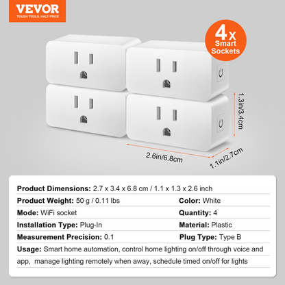 VEVOR 4 Pack Smart Plug, Voice Control Outlet, Remote & Scheduled