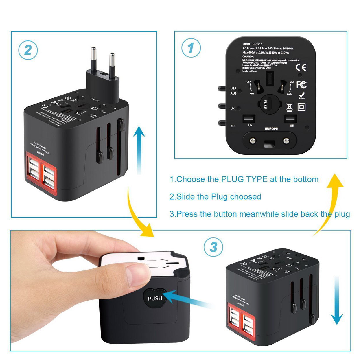 Worldwide Plug Adapter With 4 Port USB Fast Charger And A Surge Protector