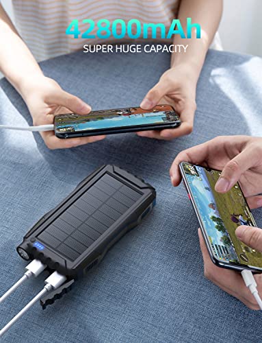 Power-Bank-Solar-Charger - 42800mAh Portable Charger,Solar Power Bank,External Battery Pack 5V3.1A Qc 3.0 Fast Charger Built-in Super Bright Flashlight (Deep Black)