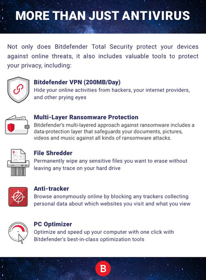 Bitdefender Total Security - 5 Devices | 1 year Subscription | PC/Mac | Activation Code by email