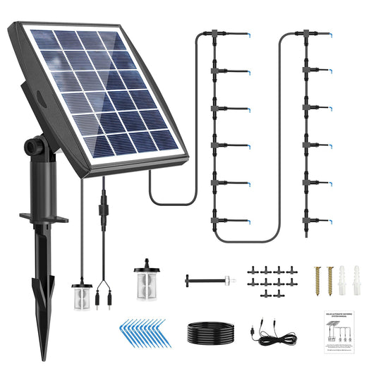 Solar Automatic Drip Irrigation Kit System, JIYANG Solar Powered Auto Easy DIY Watering Device Supported Pots Plants, 6 Timing Modes with Anti-Siphoning Device (Supported 10 Pots, 6Timing Modes)