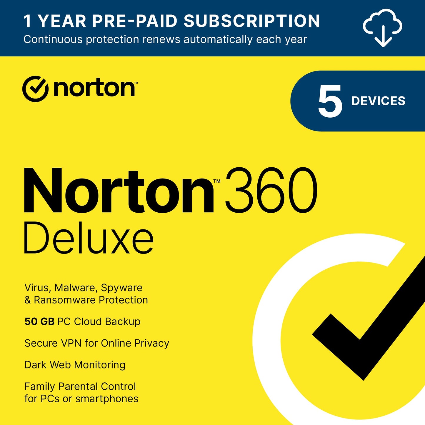 Norton 360 Deluxe 2024, Antivirus software for 5 Devices with Auto Renewal - Includes VPN, PC Cloud Backup & Dark Web Monitoring [Download]