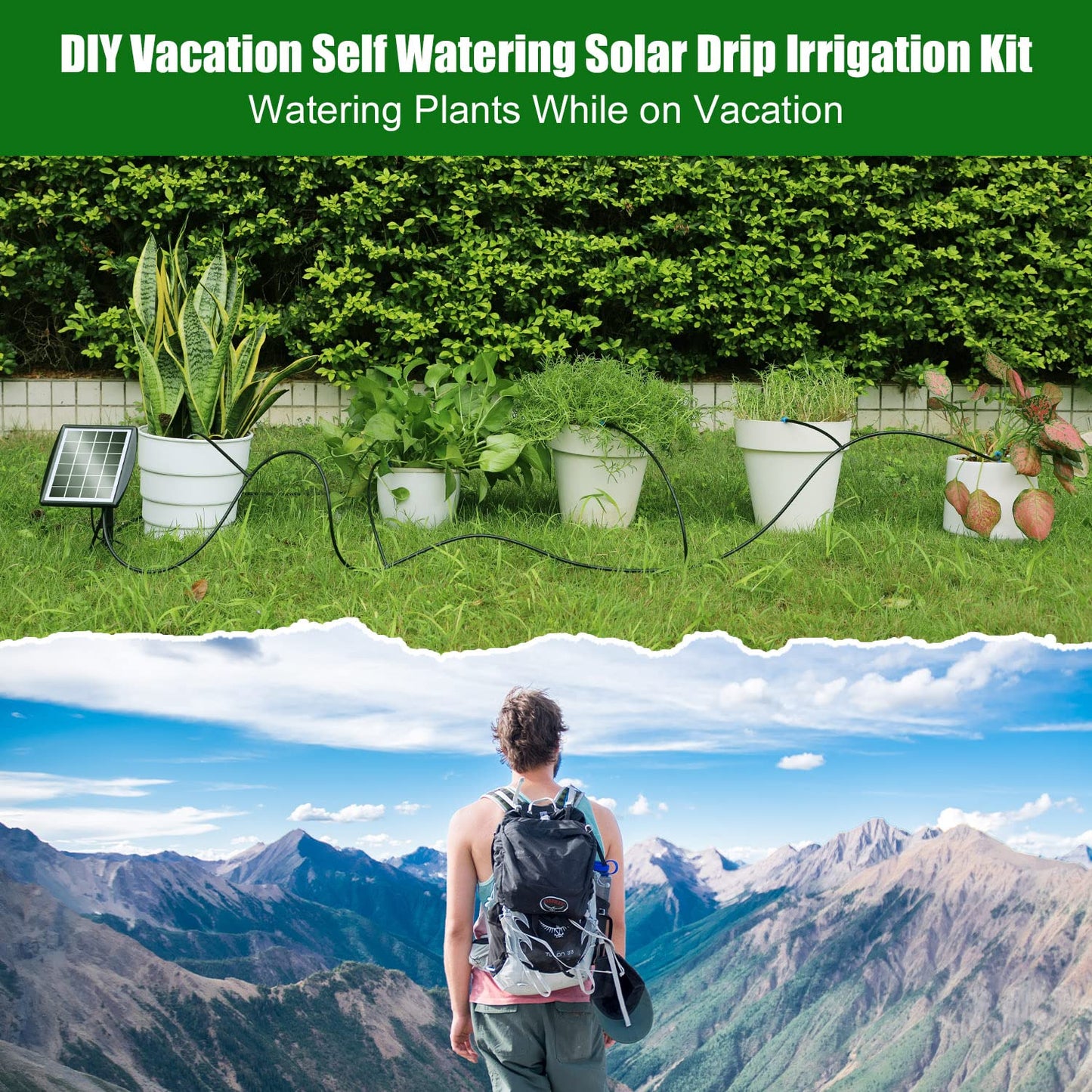 Solar Automatic Drip Irrigation Kit System, JIYANG Solar Powered Auto Easy DIY Watering Device Supported Pots Plants, 6 Timing Modes with Anti-Siphoning Device (Supported 10 Pots, 6Timing Modes)