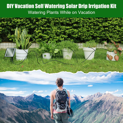 Solar Automatic Drip Irrigation Kit System, JIYANG Solar Powered Auto Easy DIY Watering Device Supported Pots Plants, 6 Timing Modes with Anti-Siphoning Device (Supported 10 Pots, 6Timing Modes)