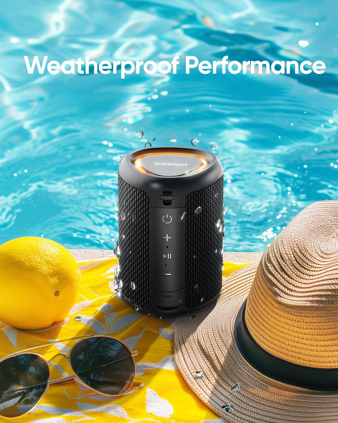 Portable Bluetooth Speaker with Lights, Powerful Crystal Clear Sound, IPX5 Waterproof, All Day Playtime.