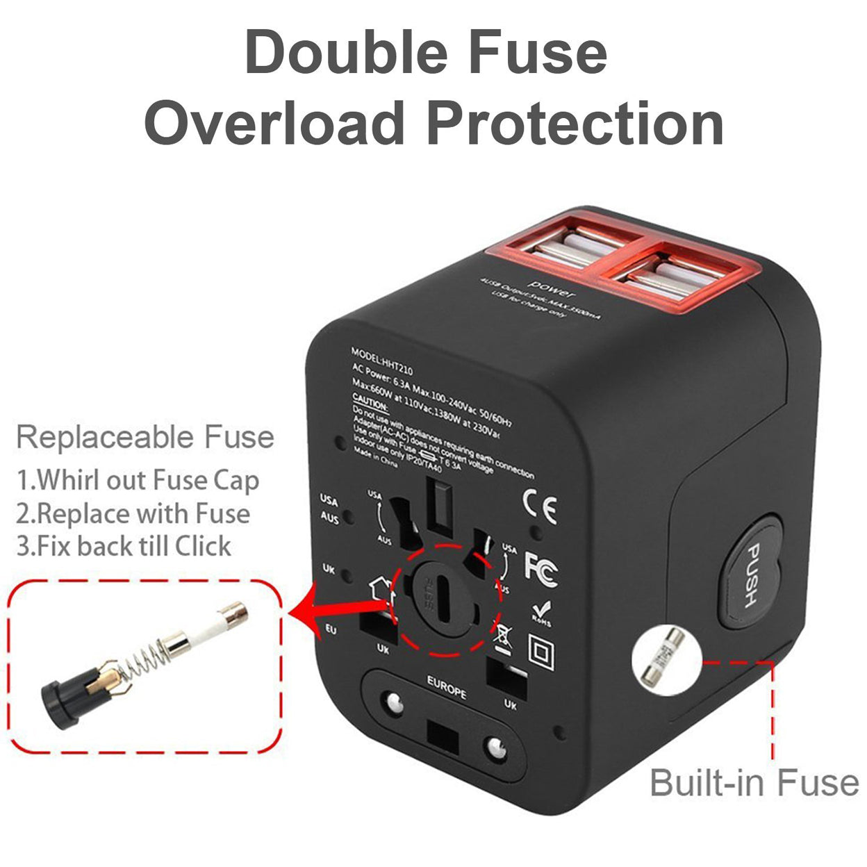 Worldwide Plug Adapter With 4 Port USB Fast Charger And A Surge Protector